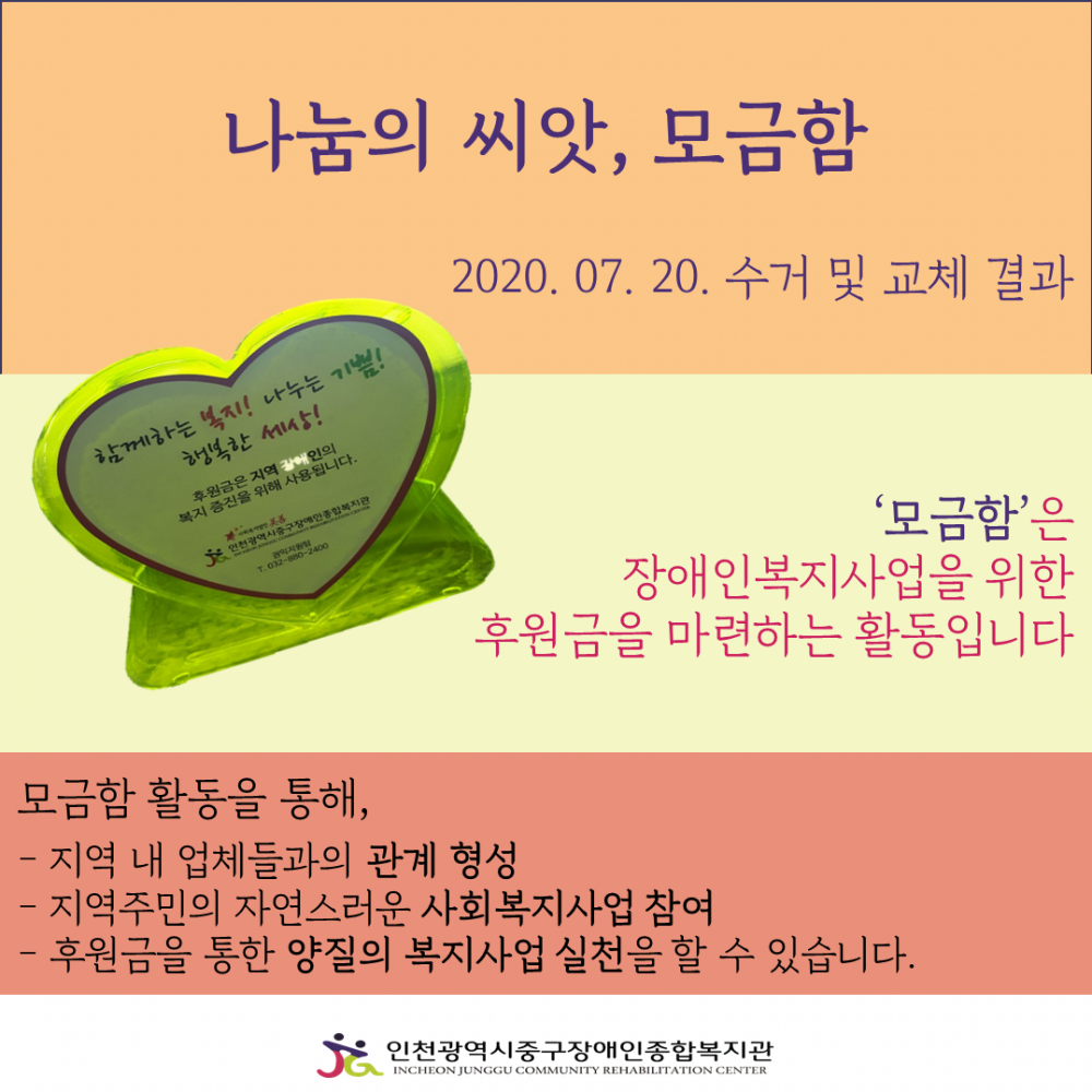 나눔의 씨앗, 모금함 2020.07.20. 수거 및 교체 결과 